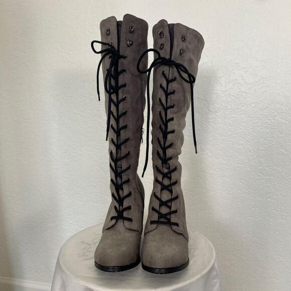 Witchy Whimsygoth Faux Suede Dark Light Gray Lace Up High Heel Boots US 9.5 - Picture 5 of 8